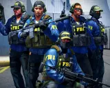 Pięciu agentów FBI w niebieskich kurtkach i kamizelkach taktycznych, gotowych do akcji w CS GO. VAC ban dla oszustów!