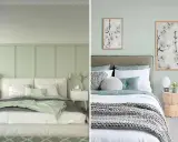 Deux chambres douillettes aux teintes vert sauge et beige, avec des lits confortables et des tableaux floraux apaisants.