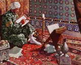 Ein Gelehrter im reichen Zelt, der schreibt. Die Szene zeigt, was die Araber erfunden haben: Wissen, Kunst und Wissenschaft.
