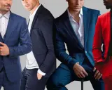 Czterech mężczyzn w eleganckich garniturach. Jeden w kratę, drugi granatowy, trzeci w ciemnym odcieniu niebieskiego, a czwarty w jaskrawoczerwonym power suit.