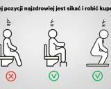Ilustracja pokazuje trzy pozycje siedzenia na toalecie. Najzdrowsza jest pozycja kuczna, jak chłopca dziecko sika na stojąco.