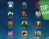 Kolekcja ikon gier na iPada, w tym "Galaxy Trucker", "Pandemic" i "The Witcher AG". Zielona nakładka z napisem "TOP-100 PLANSZÓWEK" sugeruje ranking najlepszych gier planszowych dostępnych na urządzenia mobilne.