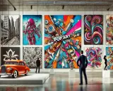 Galerie d'art moderne avec une voiture orange vintage. L'estimation tableau est en cours, avec des œuvres pop art colorées et abstraites.