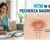 Kobieta z bólem brzucha czyta ulotkę o nadreaktywnym pęcherzu i naglącym nietrzymaniu moczu.
