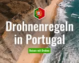Drohnenregeln in Portugal: Ein atemberaubender Küstenblick mit dem portugiesischen Wappen. Reisen mit Drohne.