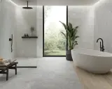 Baño moderno con ducha y bañera. Ideas para como combinar azulejos en duchas con texturas y acabados variados.