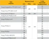 Tabela z wymiarami Ytong: różne modele bloczków, ich szerokość, długość, wysokość, liczba elementów na palecie i średnia wydajność z palety.