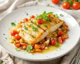 Filet de poisson grillé nappé d'une sauce vierge aux tomates cerises et herbes fraîches, servi sur un lit de légumes croquants.