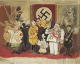 Karikatur des Nationalsozialismus: Hitler und seine Gefolgsleute, darunter Göring und Goebbels, werden grotesk dargestellt.