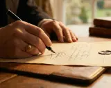 Main tenant signe un document avec un sceau de cire, peut-être pour son assurance vie en cas de suicide.
