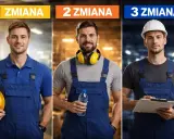 Trzech mężczyzn w kombinezonach, każdy reprezentuje inną zmianę w pracy: 1, 2 i 3.