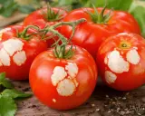 Tomates rouges avec des taches blanches sur la peau, posées sur du bois avec des feuilles vertes et de la terre.