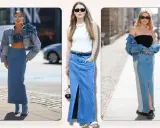 Tres mujeres lucen un outfit falda vaquera larga. Una con chaqueta y top a juego, otra con top blanco y cinturón, y la tercera con top negro y chaqueta vaquera.