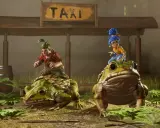 Deux personnages montent des grenouilles devant un panneau TAXI. Une scène de jeu mobile multijoueur entre amis.