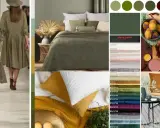 Kolekcja inspiracji w odcieniach **koloru khaki**: od mody, przez tekstylia domowe, po palety barw.