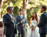 Un hombre con micrófono lee textos para leer en una boda a los novios, quienes sonríen.