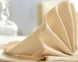 Une serviette en tissu beige pliée en éventail sur une assiette blanche, évoquant un élégant dressage de table à la française.