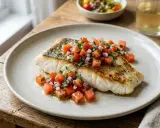Filet de poisson poêlé garni d'une sauce vierge gastronomique fraîche et colorée, à base de tomates et d'oignons rouges.