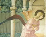 Ange aux ailes colorées, œuvre de Fra Angelico à Florence. Sa robe rose et son auréole céleste évoquent la douceur de la Renaissance.