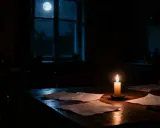 Nocny blackout. Płonąca świeca oświetla dokumenty na stole, księżyc zagląda przez okno.