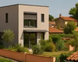 Maison moderne aux lignes épurées, exemple de construction maison passive. Jardin verdoyant et toits de tuiles environnants.