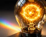 Une ampoule contenant le soleil, symbolisant l'intensité lumineuse formule. Un arc-en-ciel se reflète sur le côté.