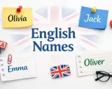 Olivia, Jack, Emma, Oliver – popularne angielskie imiona na tle flagi Wielkiej Brytanii.