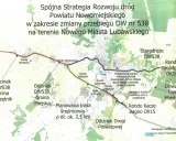 Mapa przedstawia planowaną trasę Nowe Miasto Lubawskie, w tym obwodnicę i ścieżki rowerowe, usprawniające ruch drogowy.