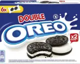 Opakowanie ciastek Oreo Double z dwoma ciastkami i napisem "x2 Creme".