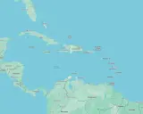 Mapa Karaibów i Ameryki Środkowej. Widać Kubę, Jamajkę, Haiti i Dominikanę.