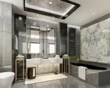 Bagni belli con vasca nera, doppio lavabo e finiture dorate. Un'oasi di lusso e relax.