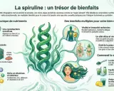L'infographie détaille les nombreux bienfaits de la spiruline : vitalité, détox, éclat de la peau et des cheveux. Un super-aliment riche en nutriments.