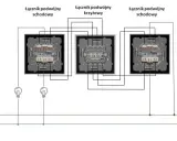 Schemat instalacji elektrycznej z wyłącznikiem krzyżowym, pokazujący połączenia między trzema łącznikami schodowymi, w tym jednym krzyżowym.