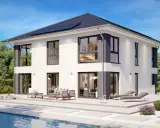 Moderne Stadtvilla mit Pool und Gartenmöbeln. Die Definition einer Stadtvilla: ein repräsentatives Wohnhaus in der Stadt.