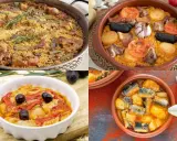 Variedad de comidas típicas de Valencia: paella, arroz al horno, pisto y pescado con patatas.