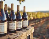 Bouteilles de vin sur une table en bois, avec un vignoble en arrière-plan. Le soleil couchant illumine ce qui pourrait être le meilleur Châteauneuf-du-Pape.