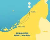 Mapa Zjednoczonych Emiratów Arabskich z zaznaczonym Dubajem i Abu Zabi, z ikonami samolotów.