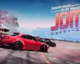 Czerwony i czarny samochód w stylu jdm japanese drift master na torze wyścigowym, z kwitnącą wiśnią i pagodą w tle.