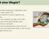 Hände halten eine Welt mit Bäumen, Wasserfall und Stadt. Merkmale Utopie: ein Ort, der nicht existiert, aber denkbar ist.