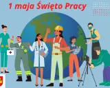 1 maja Święto Pracy. Ludzie różnych zawodów, od pielęgniarki po operatora kamery, stoją przed globusem, celebrując dzień pracy.