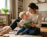 Uśmiechnięta mama czyta książkę swojemu 3-letniemu dziecku. Siedzą na dywanie wśród zabawek.