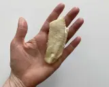 Un trozo de lenguado bebé, cocido y tierno, descansa en una mano abierta.