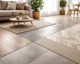Salon moderne avec différents revêtements de sol : parquet, carrelage et tapis. Une tendance sol qui allie textures et styles.