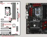Schéma et carte mère MSI Z170A Gaming Pro. Le socket Intel pour le processeur est bien visible, entouré de connecteurs et de slots RAM.