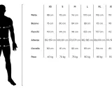 Tabella taglie: la taglia S corrisponde a petto 92 cm, bacino 80 cm, fianchi 94 cm, altezza 160-169 cm, cavallo 81 cm, peso 70 kg.