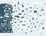Profilo di una testa che si disintegra in forme geometriche e fumetti, evocando le perversioni del narcisista e la sua frammentazione interiore.