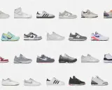Reihe um Reihe von kult Sneaker-Modellen, von Retro-Klassikern bis zu modernen Designs, alle auf weißem Hintergrund.
