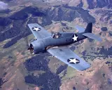 Ein F6F Hellcat-Jäger fliegt über hügeliges, bewaldetes Gelände.