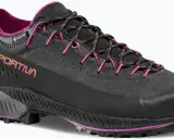 Czarny but trekkingowy La Sportiva TX4 Evo z fioletowymi akcentami i sznurówkami. Idealny na górskie wyprawy.
