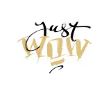 Letras para carteles publicitarios: "Just WOW" en caligrafía negra y dorada, con trazos audaces y un estilo moderno.
